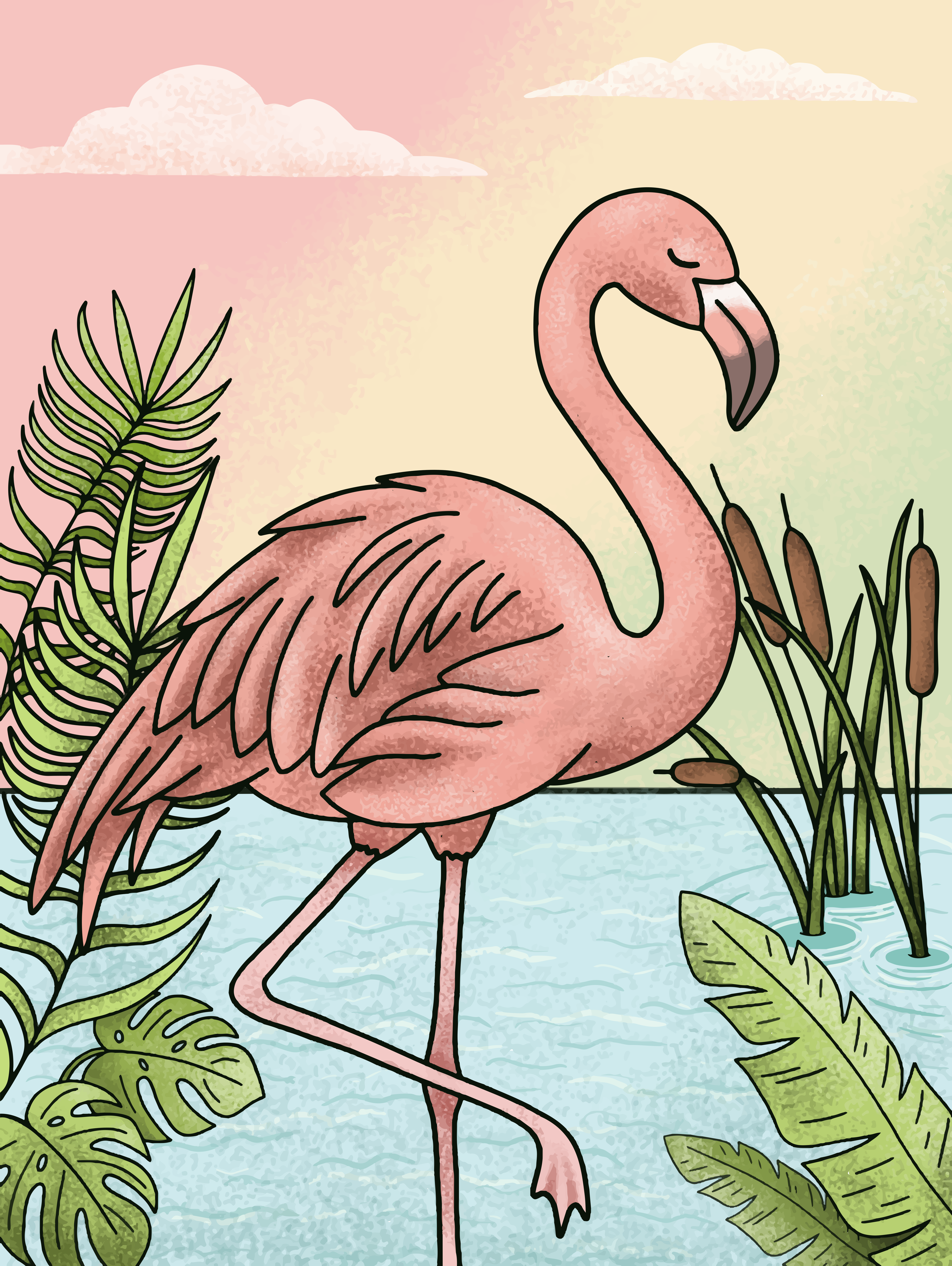 Un fenicottero rosa si trova nell'acqua con le piante.