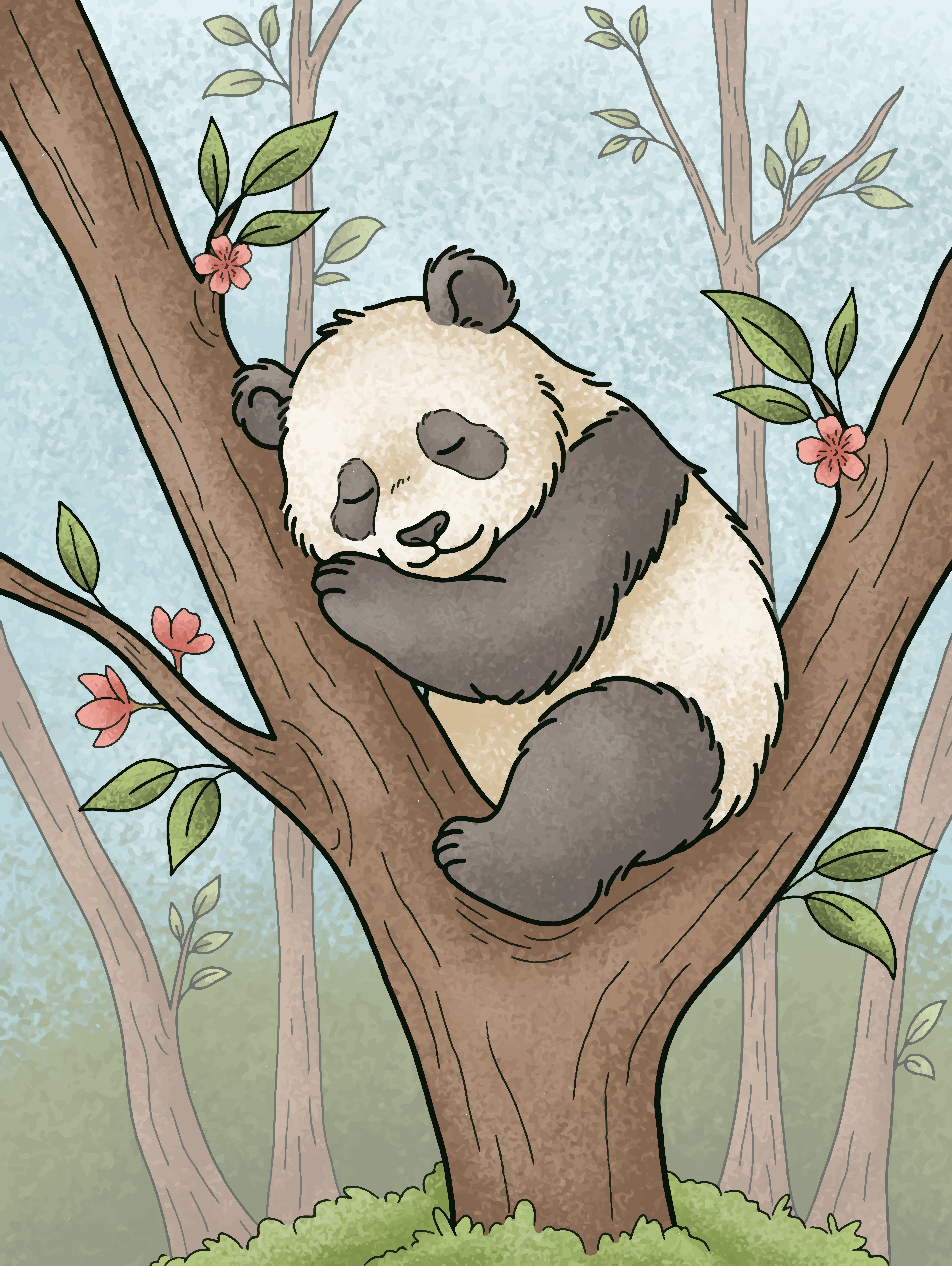 Un panda carino dorme pacificamente su un albero.