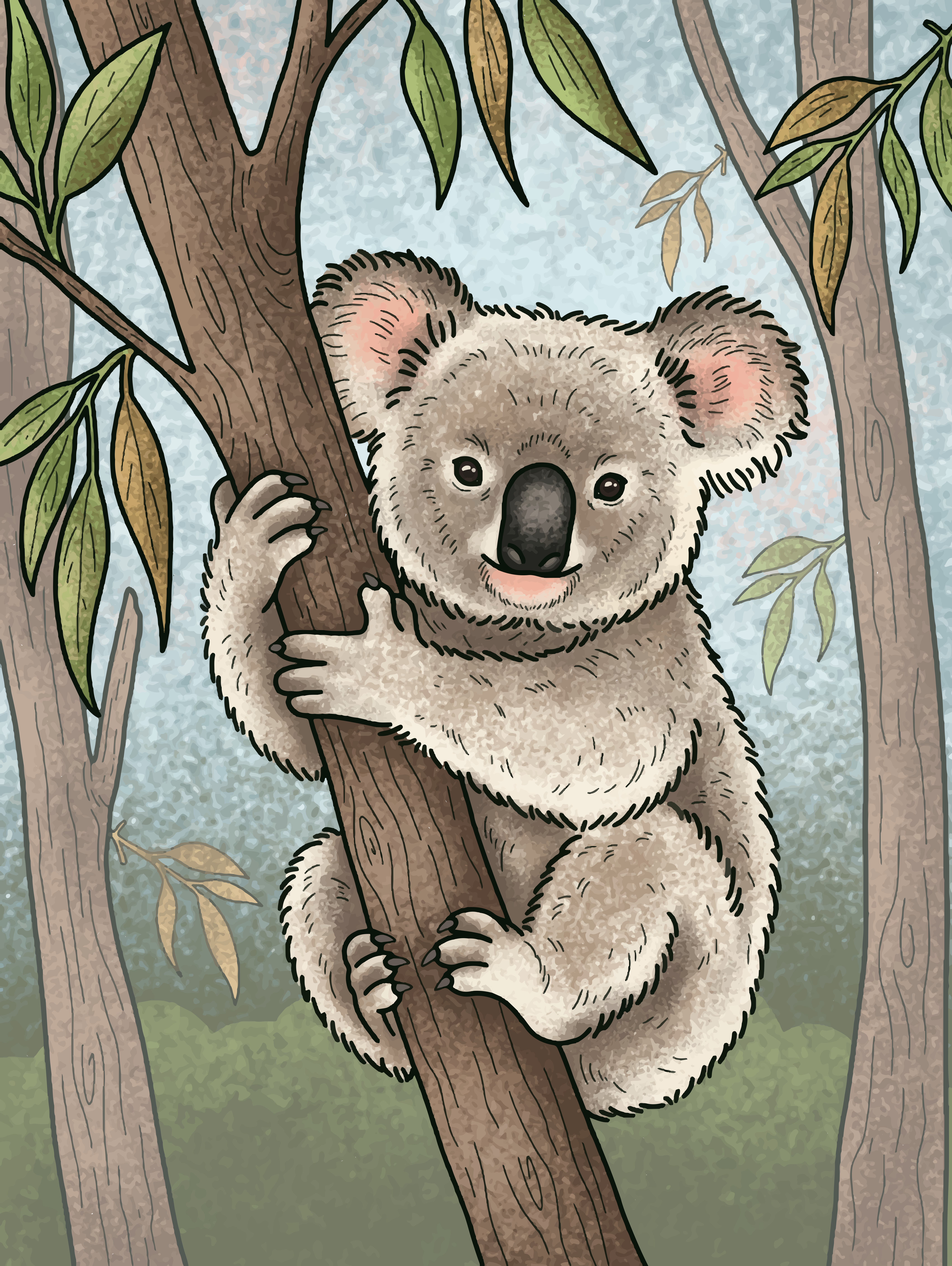 Un koala adorable se aferra a una rama de árbol.