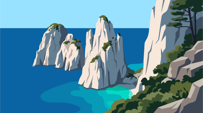 Jagged white cliffs rise from the blue ocean water.