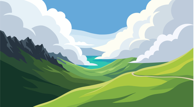 Green rolling hills leading to a bright blue lake