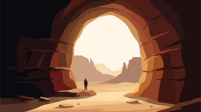 Lone figure stands at cave entrance overlooking desert landscape