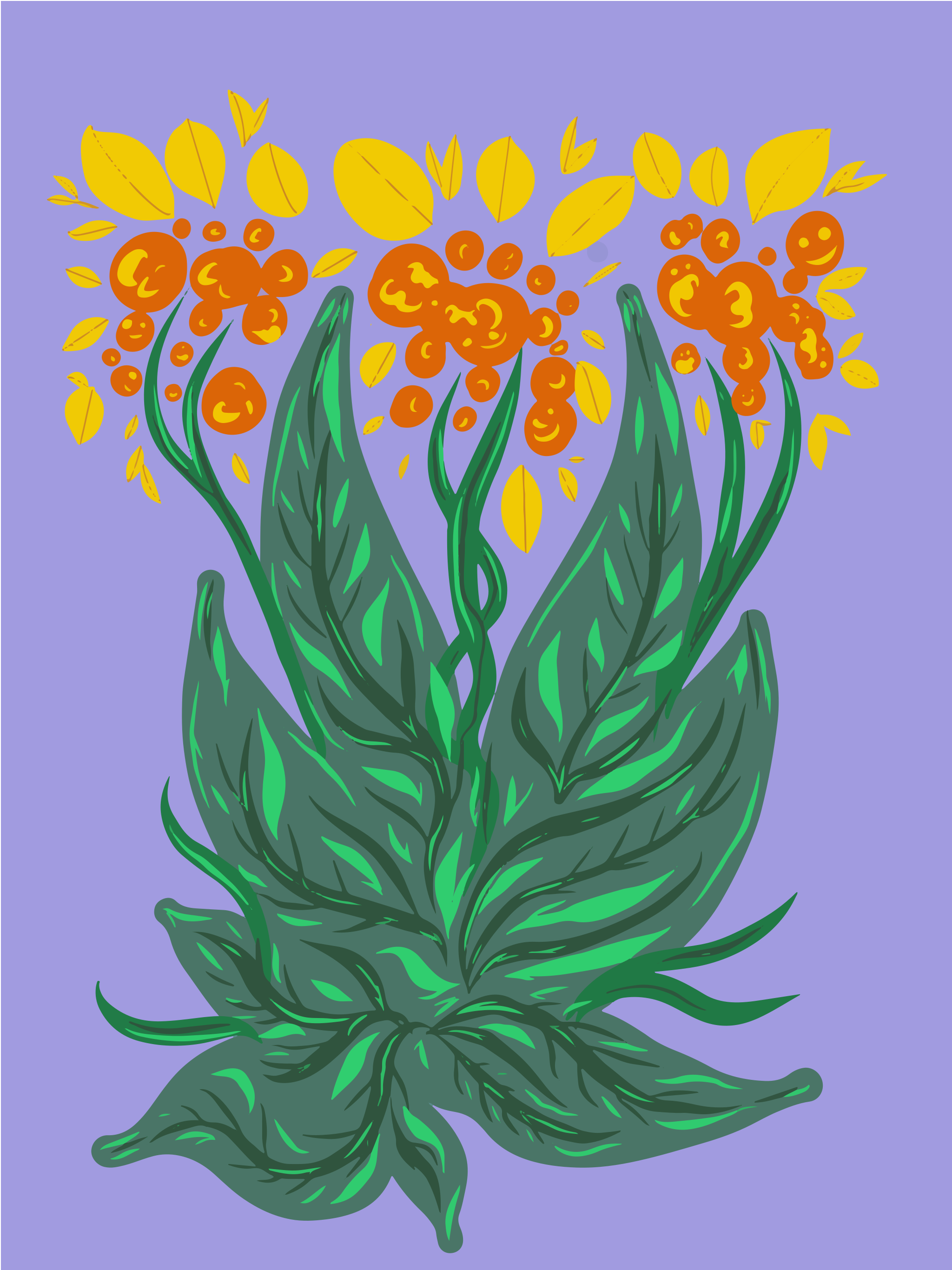 Stylized plant with orange berries and green leaves