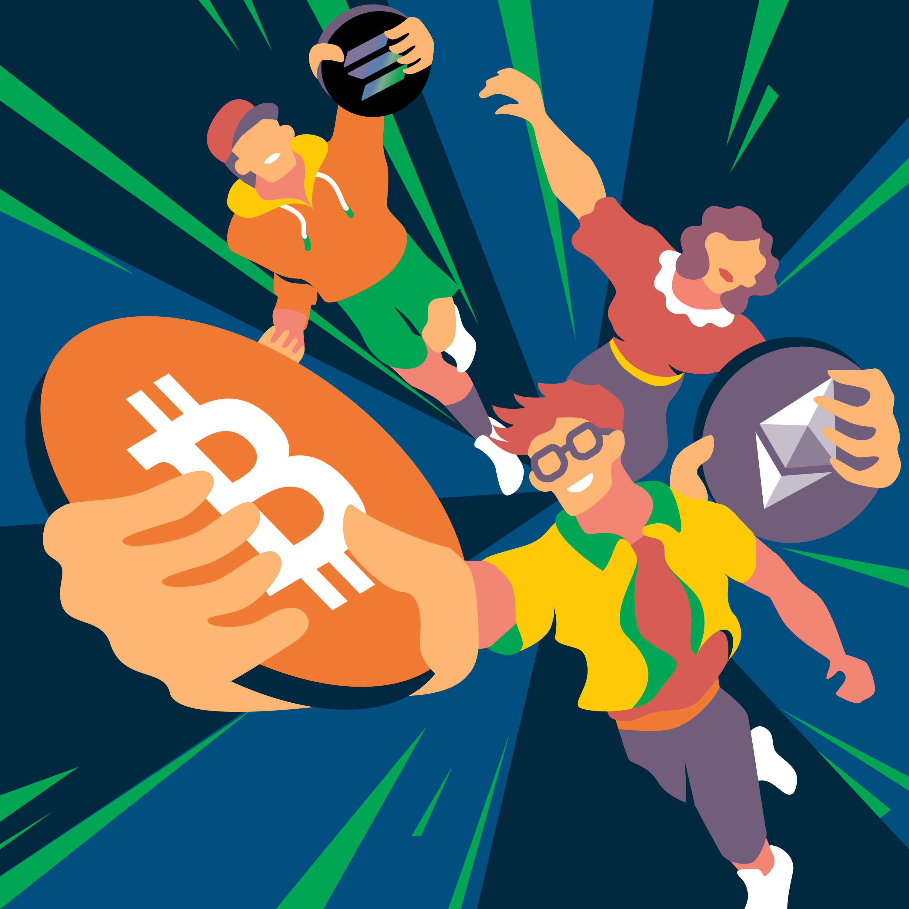 Persone che possiedono simboli di bitcoin, solana ed ethereum.