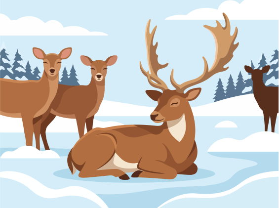 A herd of deer in a snowy forest landscape.