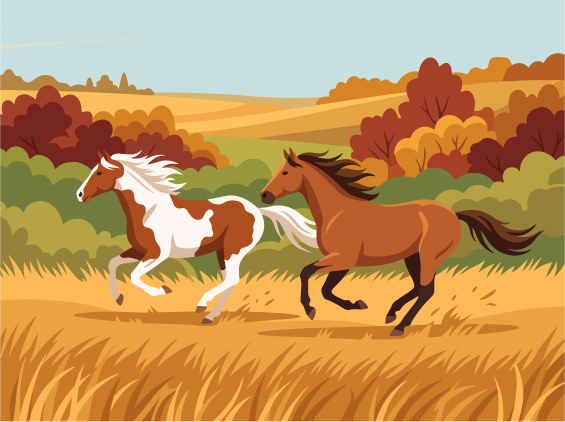 Two horses running through a field in autumn.
