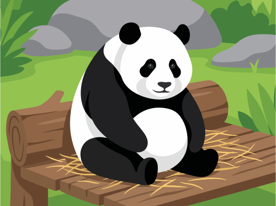 A panda sits on a wooden bench with straw.