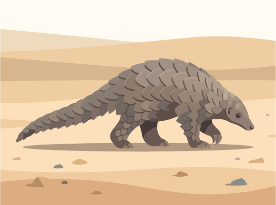 A pangolin walks across a sandy desert landscape.