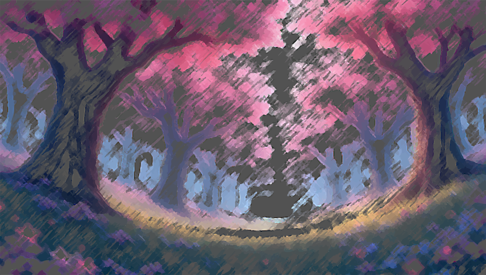 Enchanted forest with pink trees and glowing mist