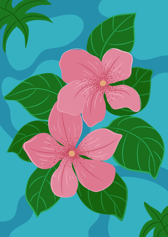 Dos flores rosas con hojas verdes sobre fondo azul.