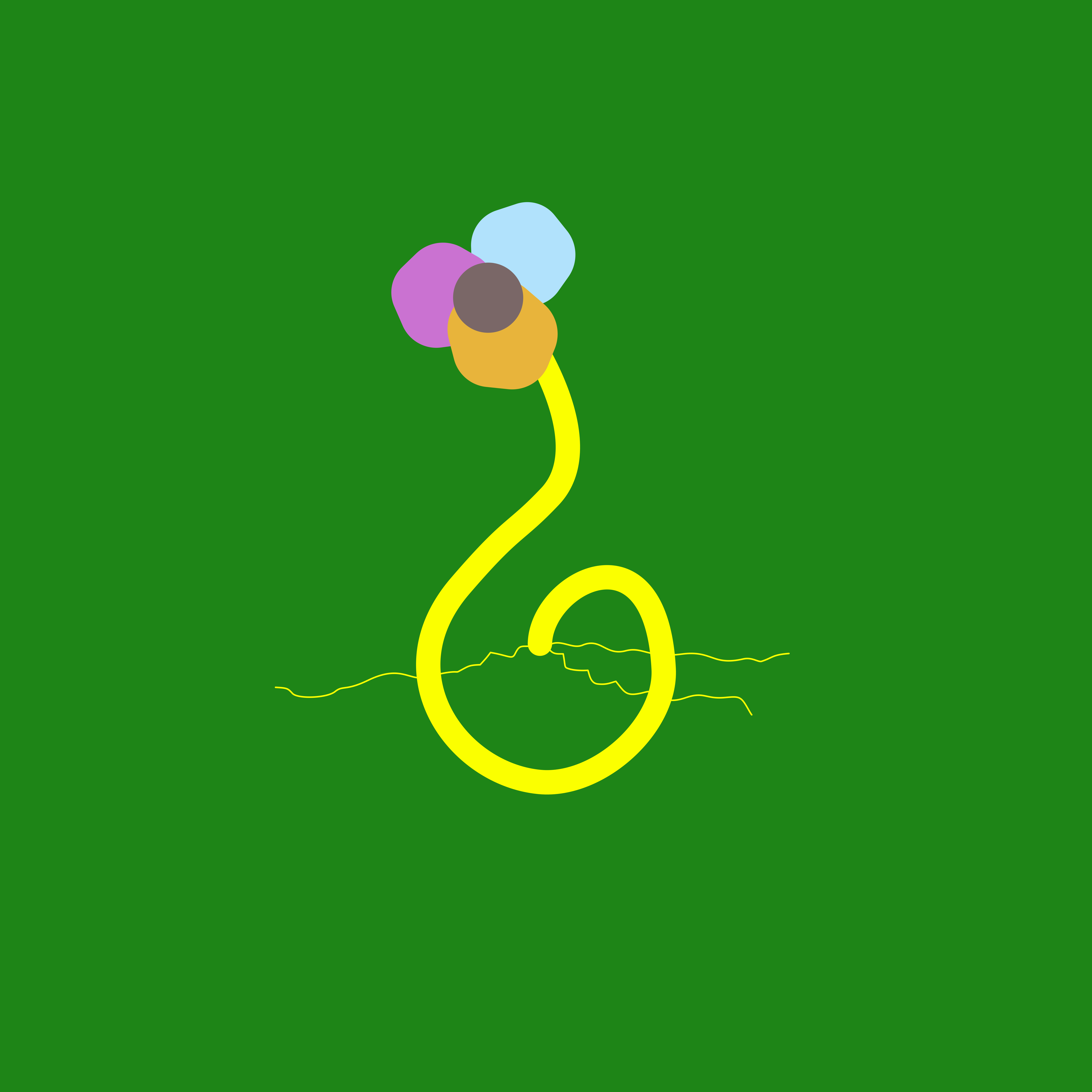 A stylized yellow flower with colorful blossoms on green background