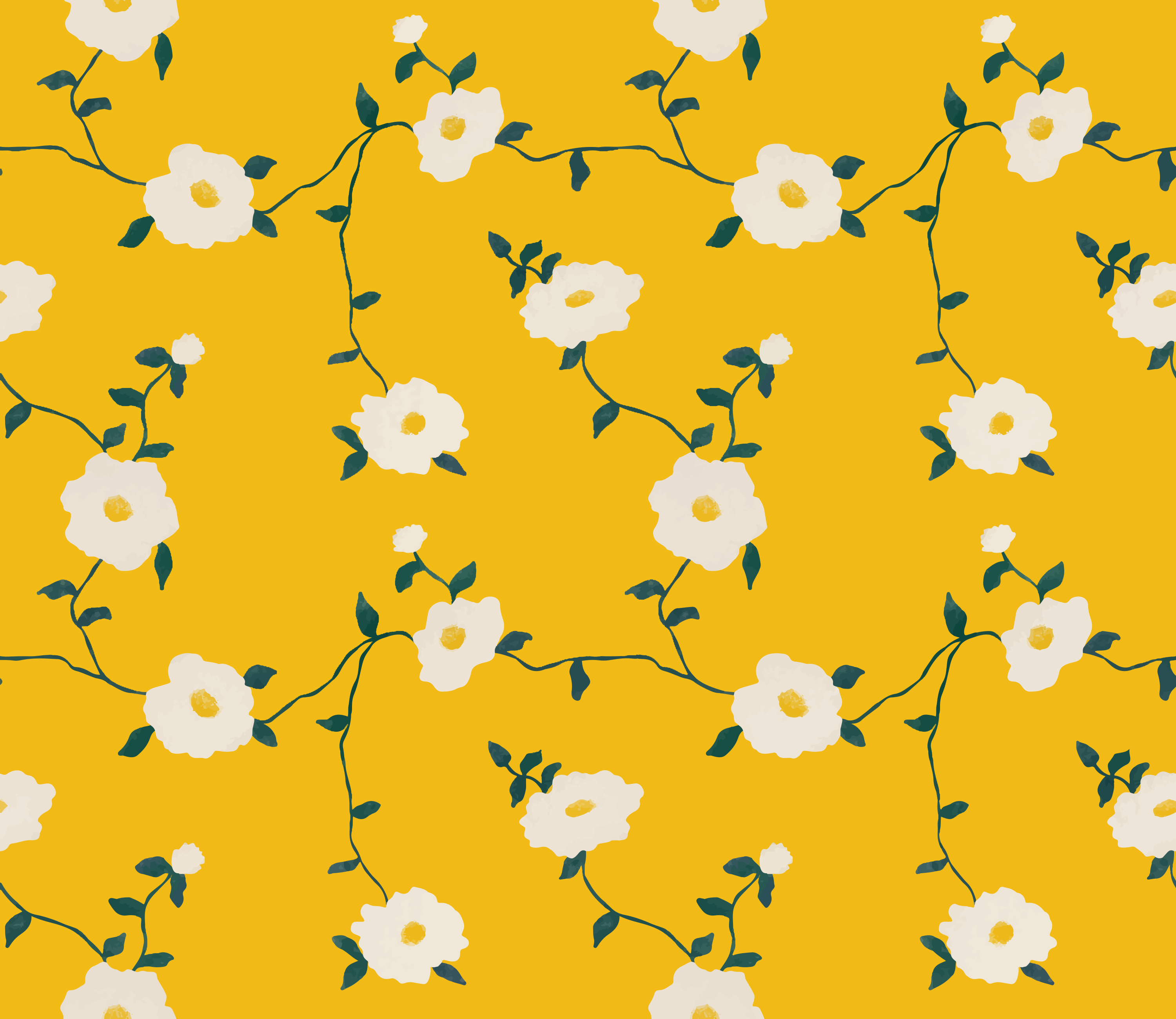 White flowers with green leaves on yellow background