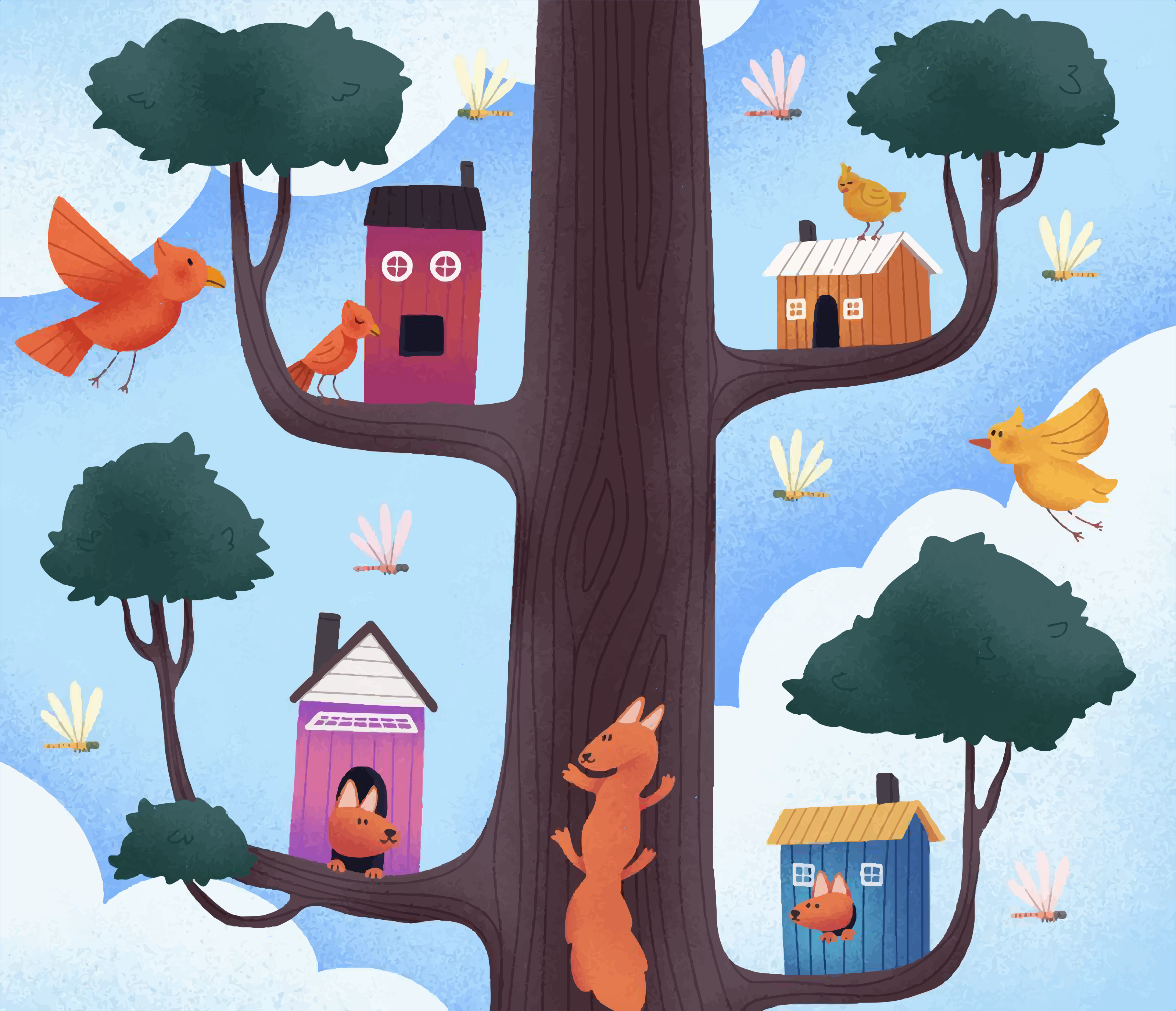 A whimsical treehouse with birds and a fox.