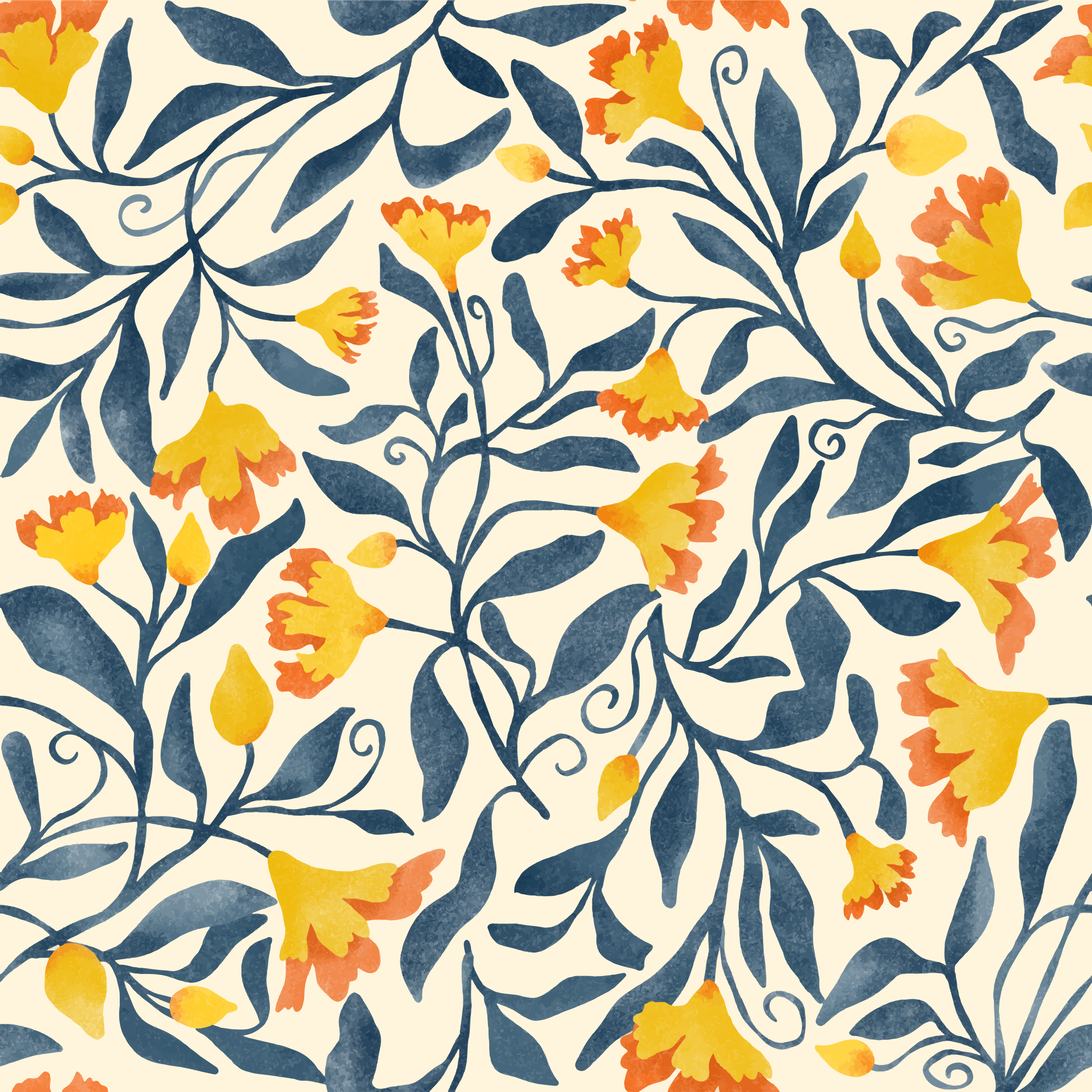 Yellow flowers and blue leaves on cream background