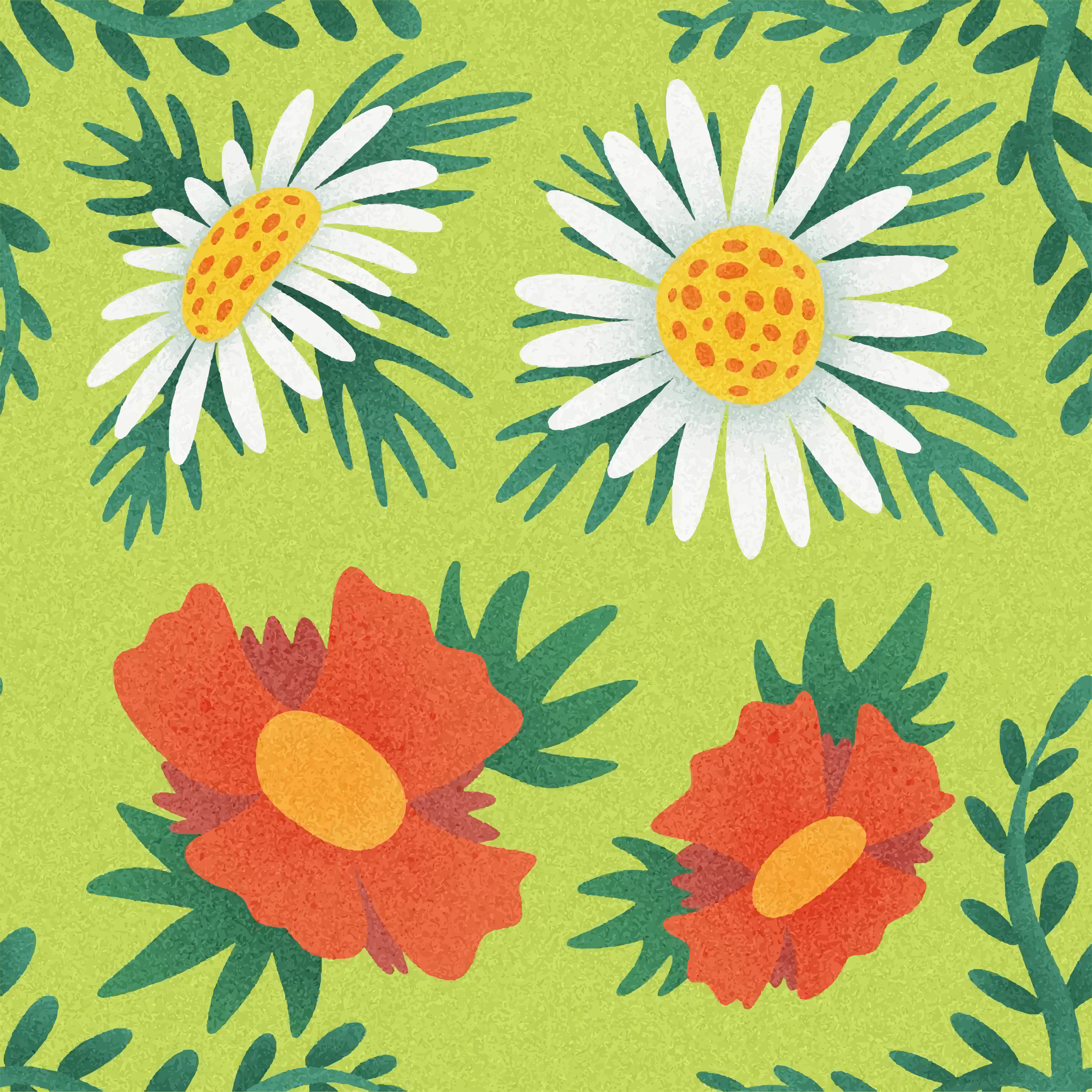 White daisies and red flowers on a green background