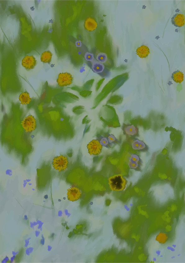 Yellow and purple flowers scattered across a soft green background