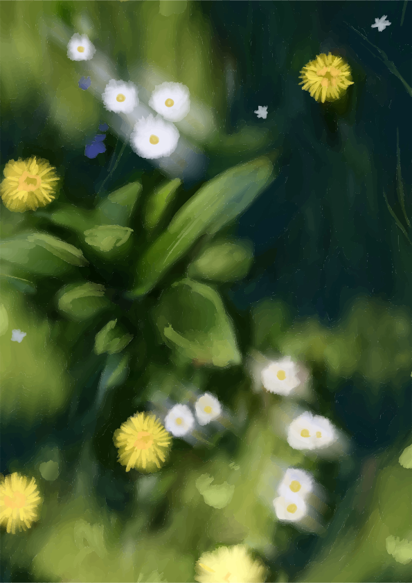 Yellow and white wildflowers on a dark green background.