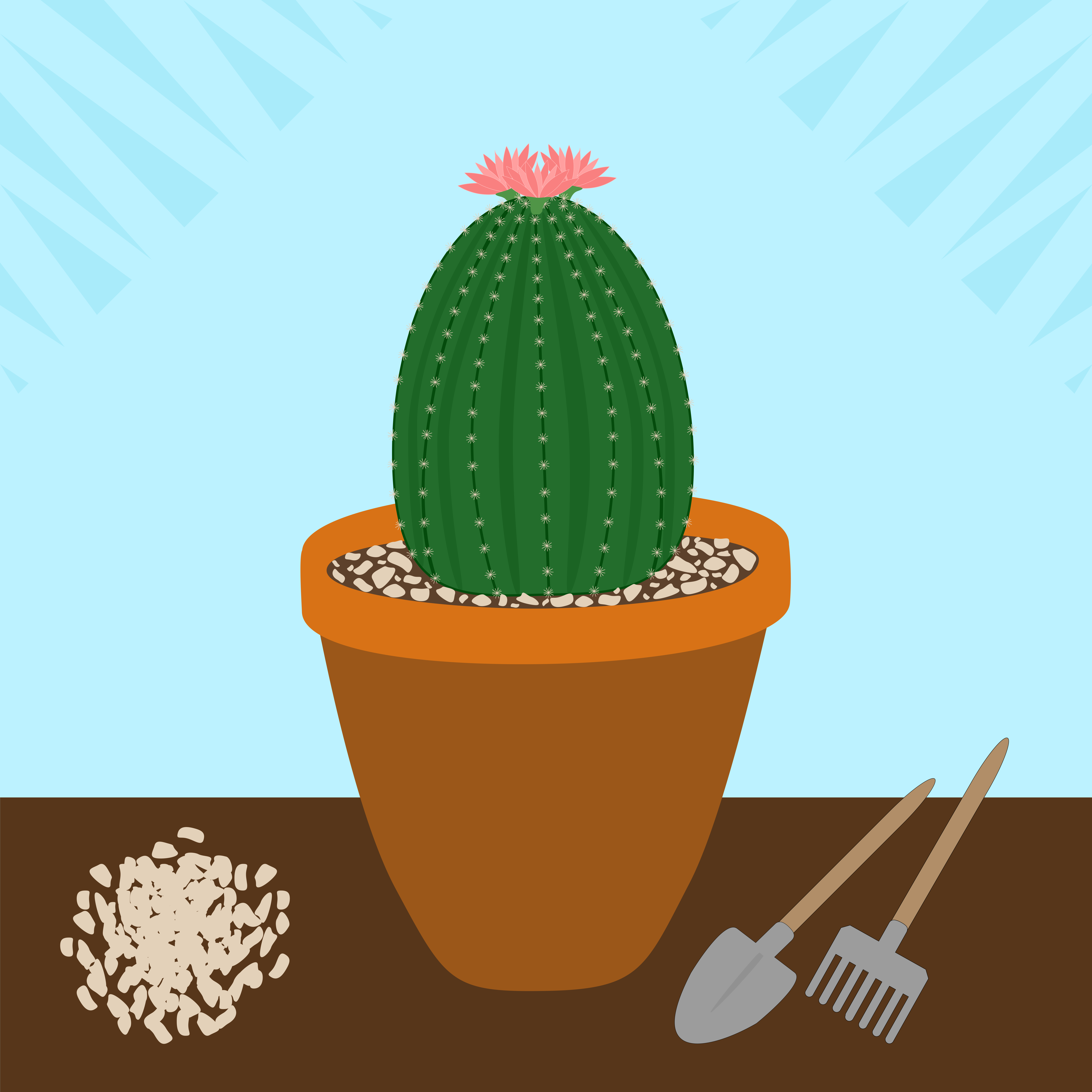 Un cactus en maceta con una flor rosa y herramientas de jardinería.