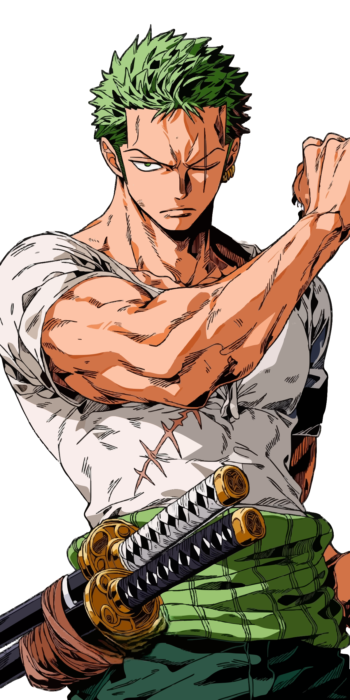 Personaje de anime con pelo verde y espadas