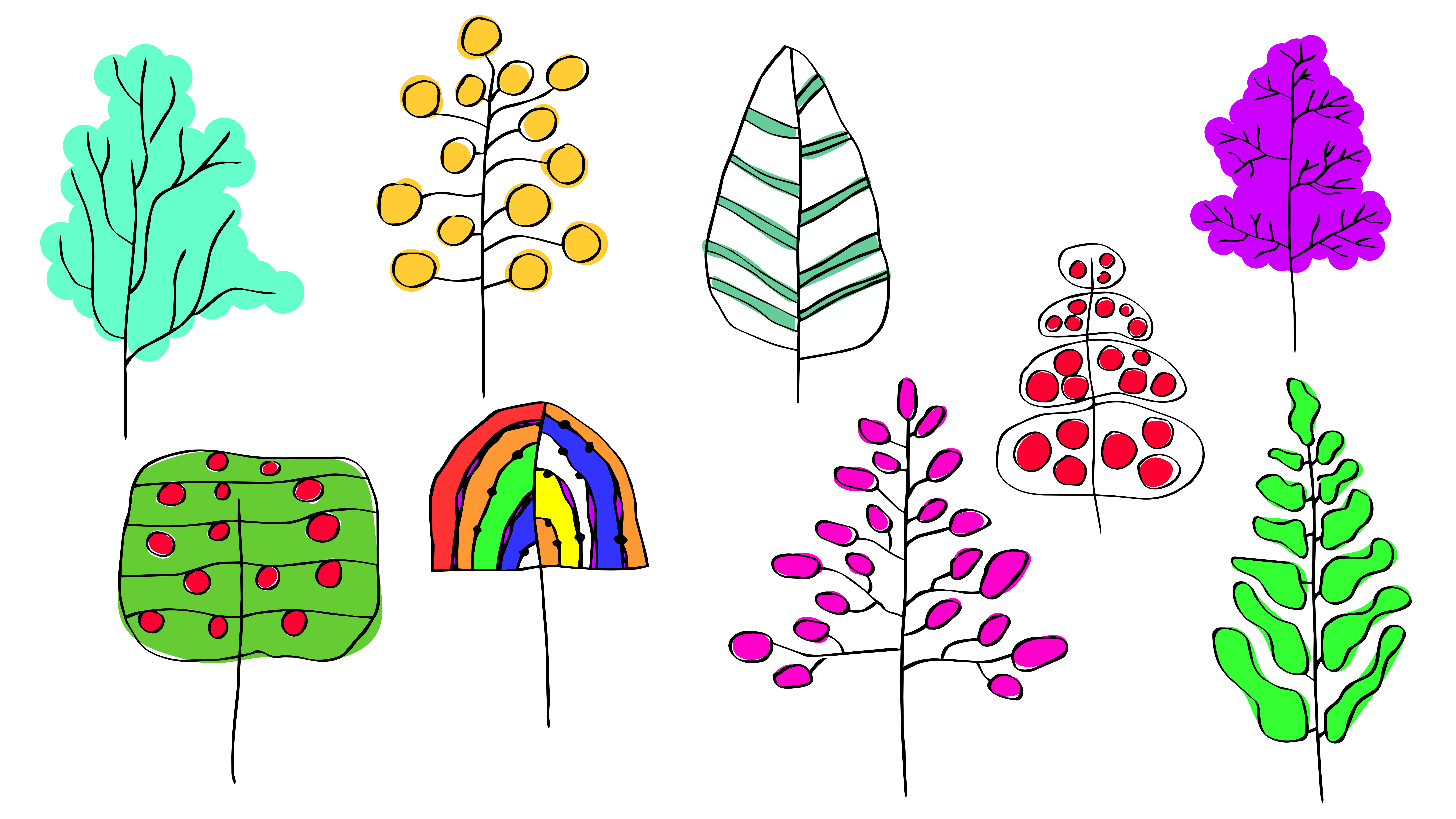 Collection of whimsical, hand-drawn trees and plants.