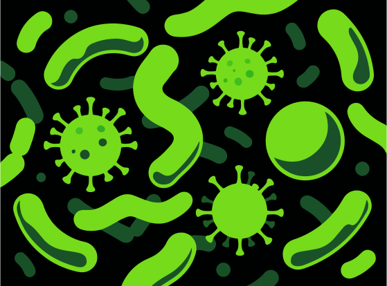 Green bacteria and viruses on a black background