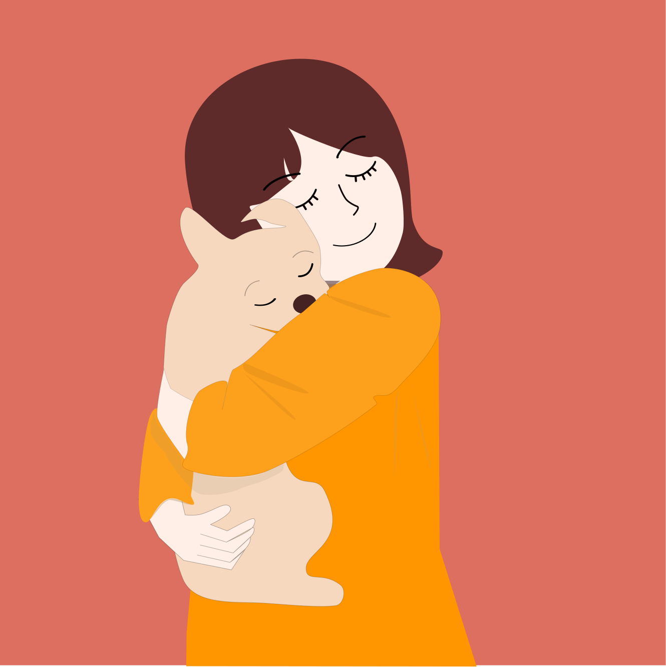 Seorang wanita memeluk anjingnya dengan mata tertutup