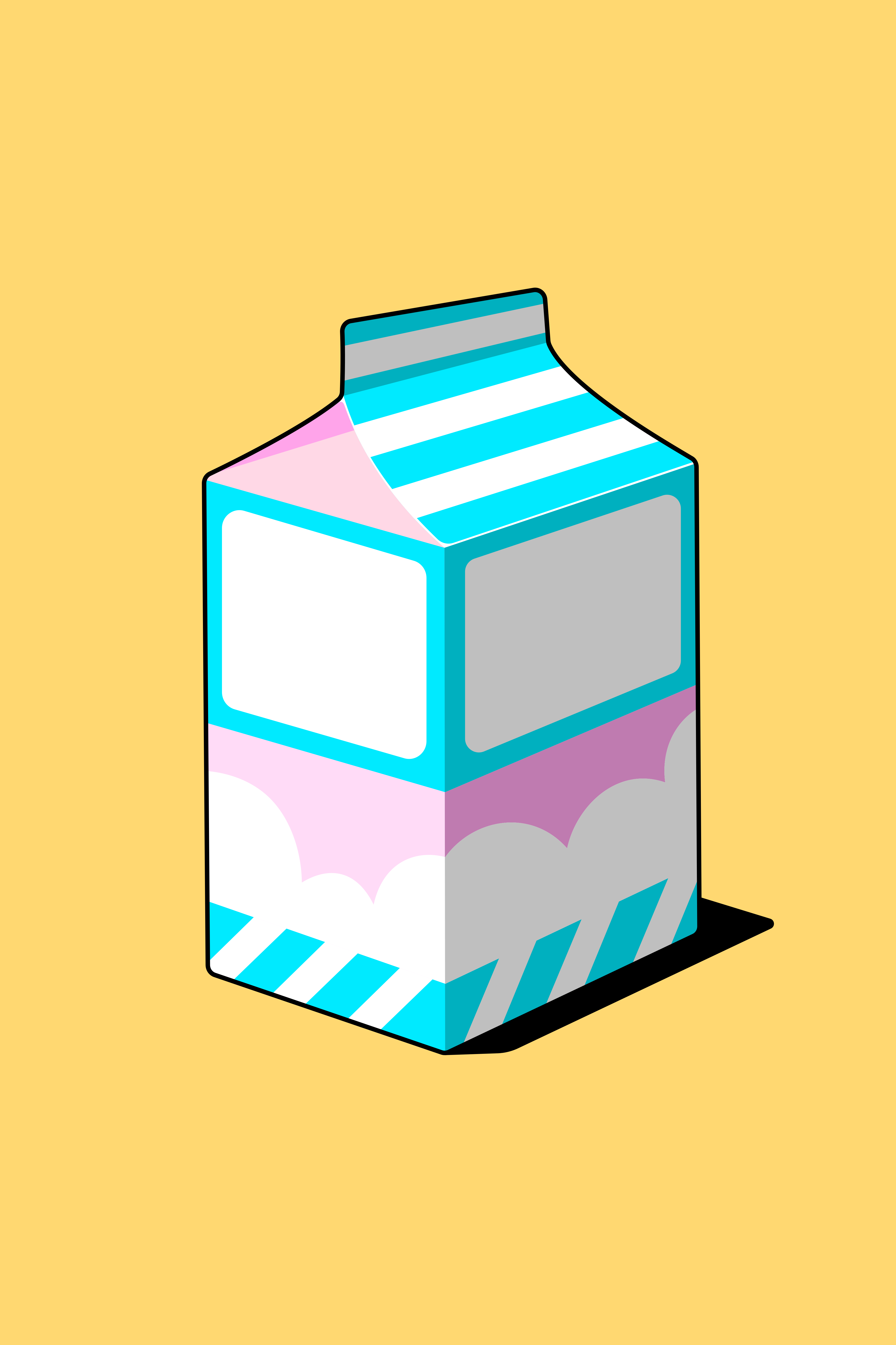 Un cartón de leche estilizado con rayas azules y rosas.