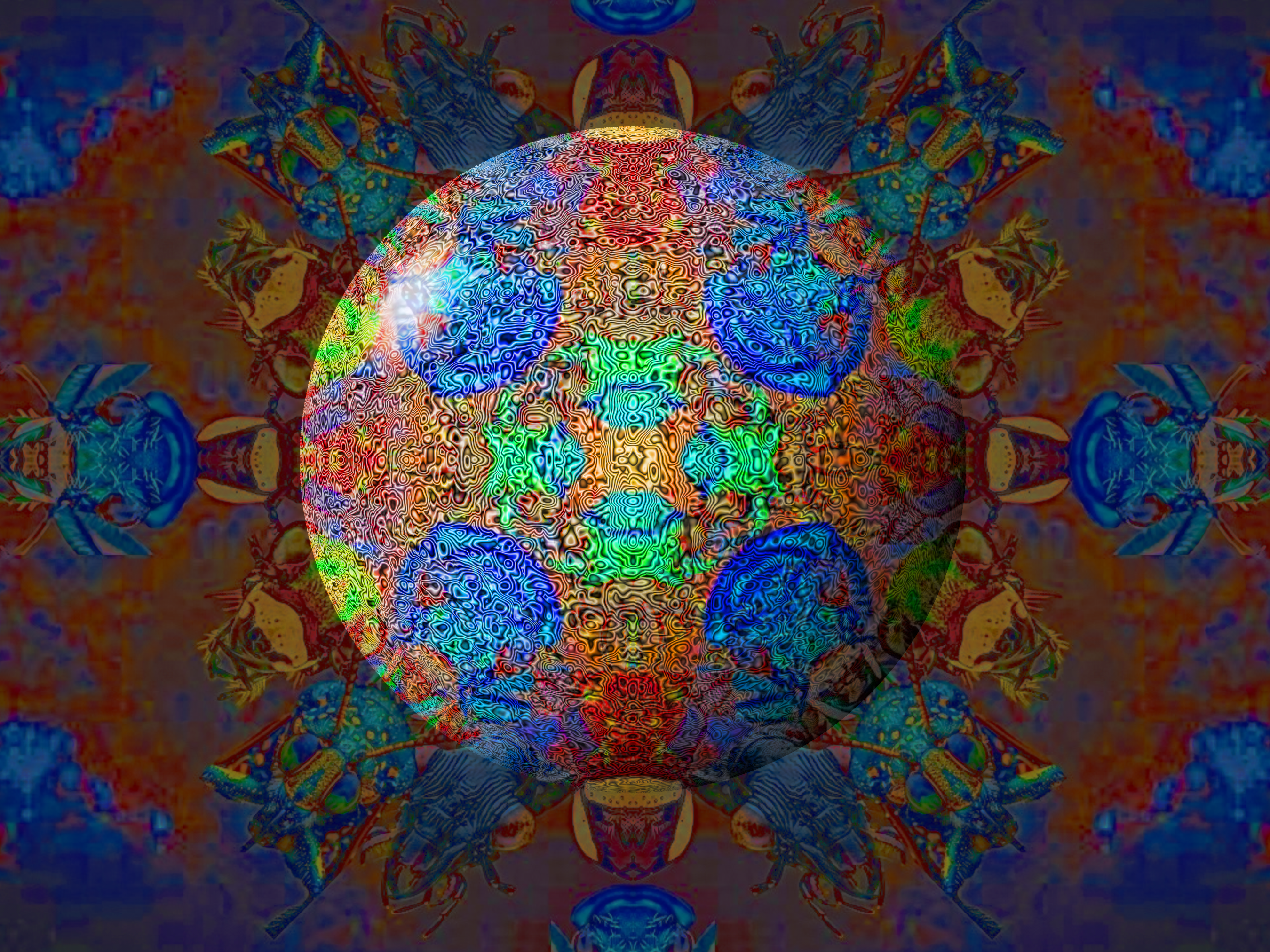 Abstract colorful kaleidoscope pattern with a central sphere.