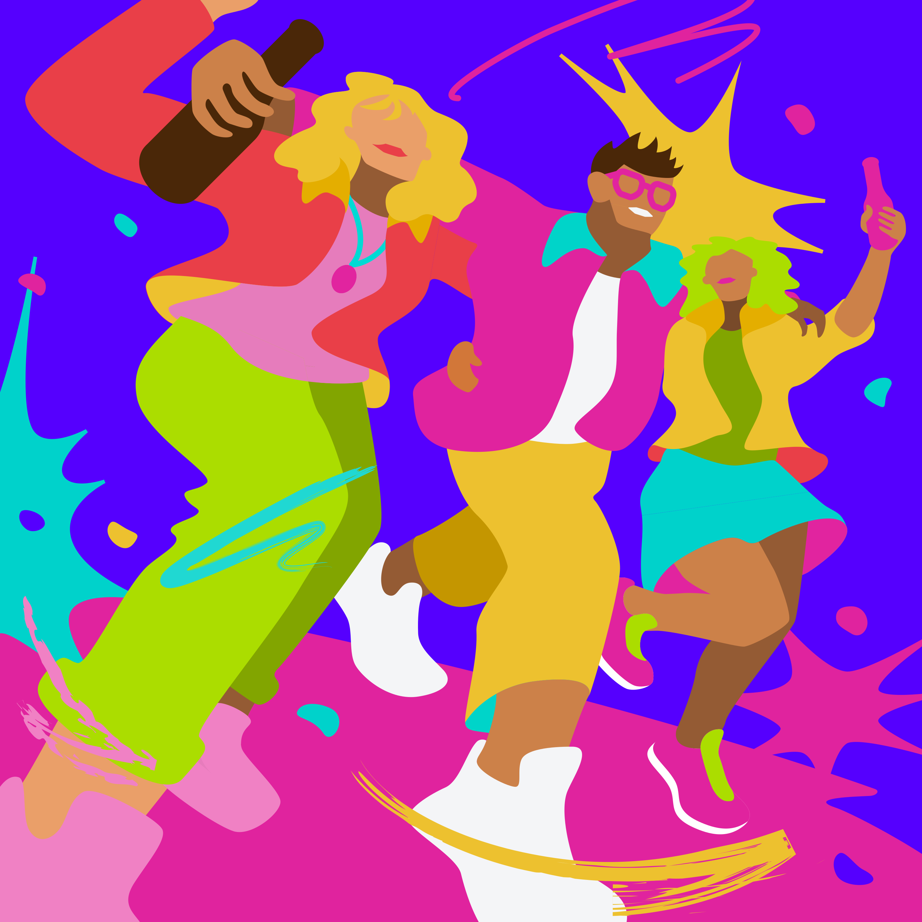 三人の友人が踊り、飲み物を楽しみながら祝っている。