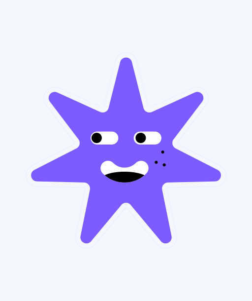 Un personaggio a forma di stella viola con un volto da cartone animato.