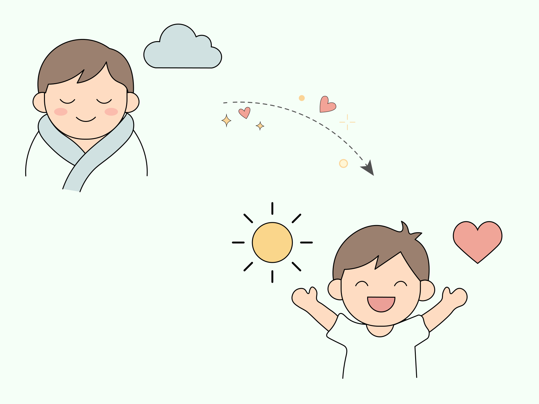 Uma criança acordando feliz para um dia ensolarado