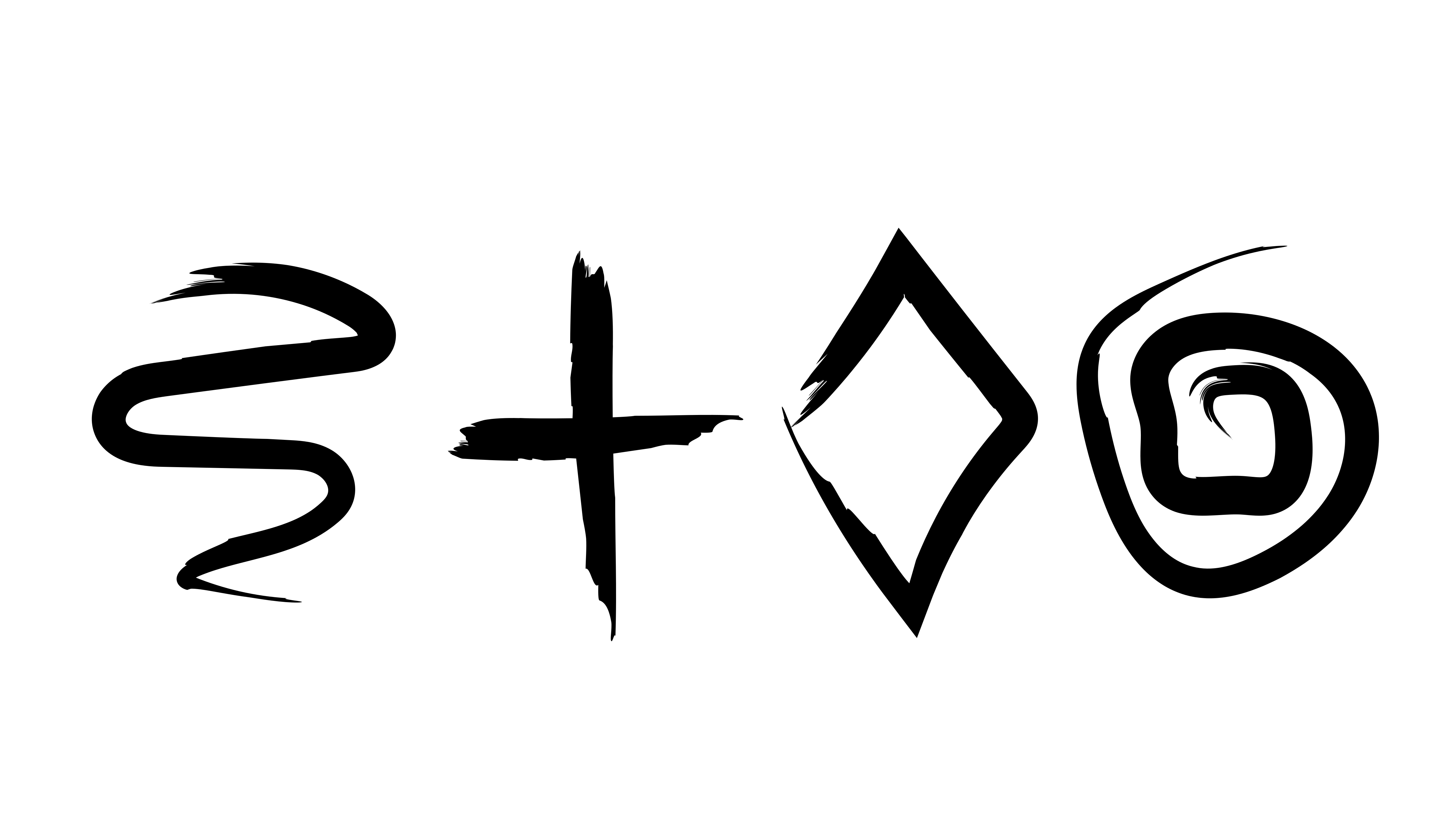 Cuatro símbolos abstractos de pinceladas negras sobre fondo blanco