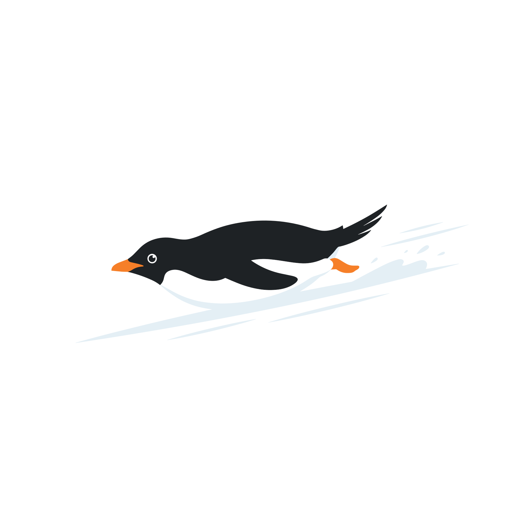 A cartoon penguin slides down a snowy slope