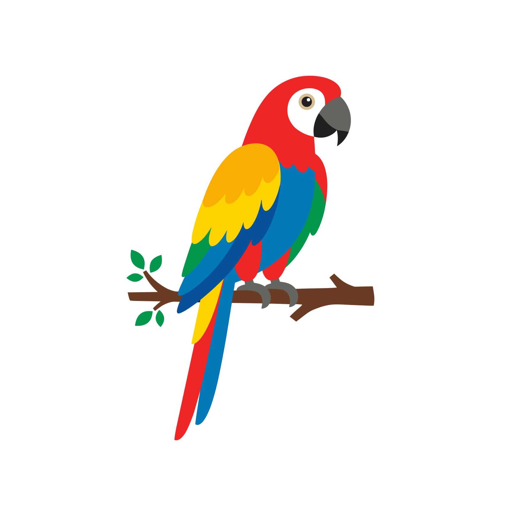 Burung beo berwarna-warni bertengger di cabang pohon.