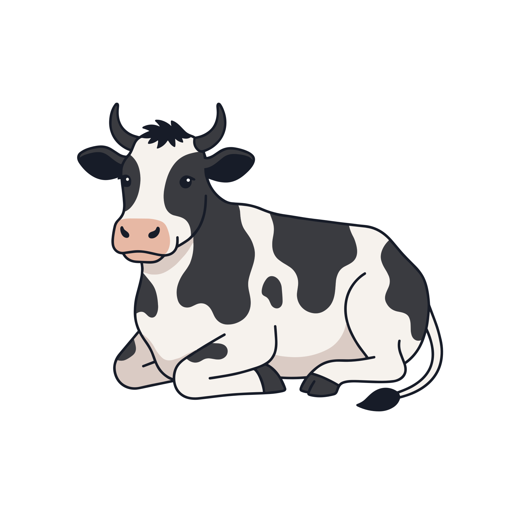 A black and white cow lying down