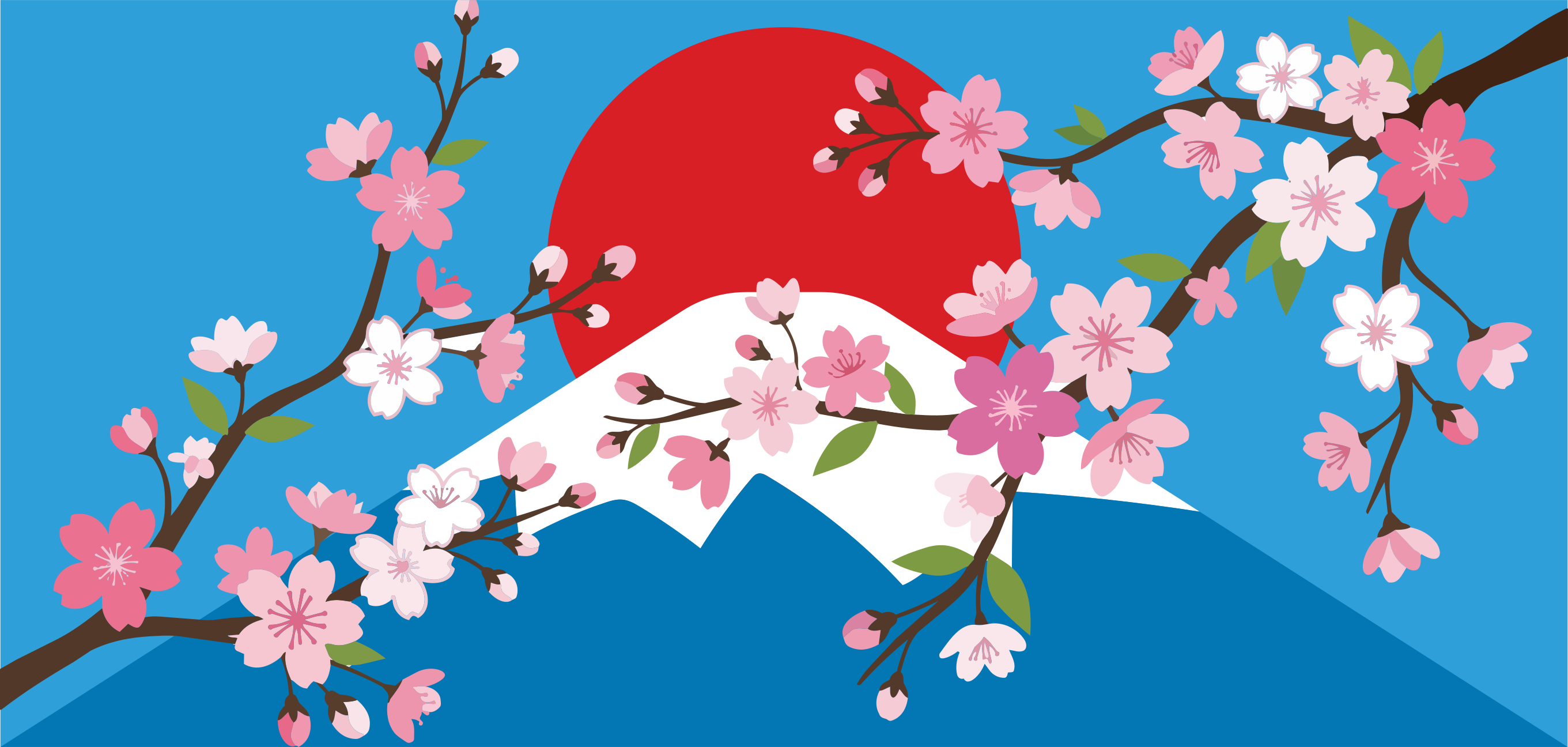 桜が赤い太陽を持つ富士山を囲んでいる。