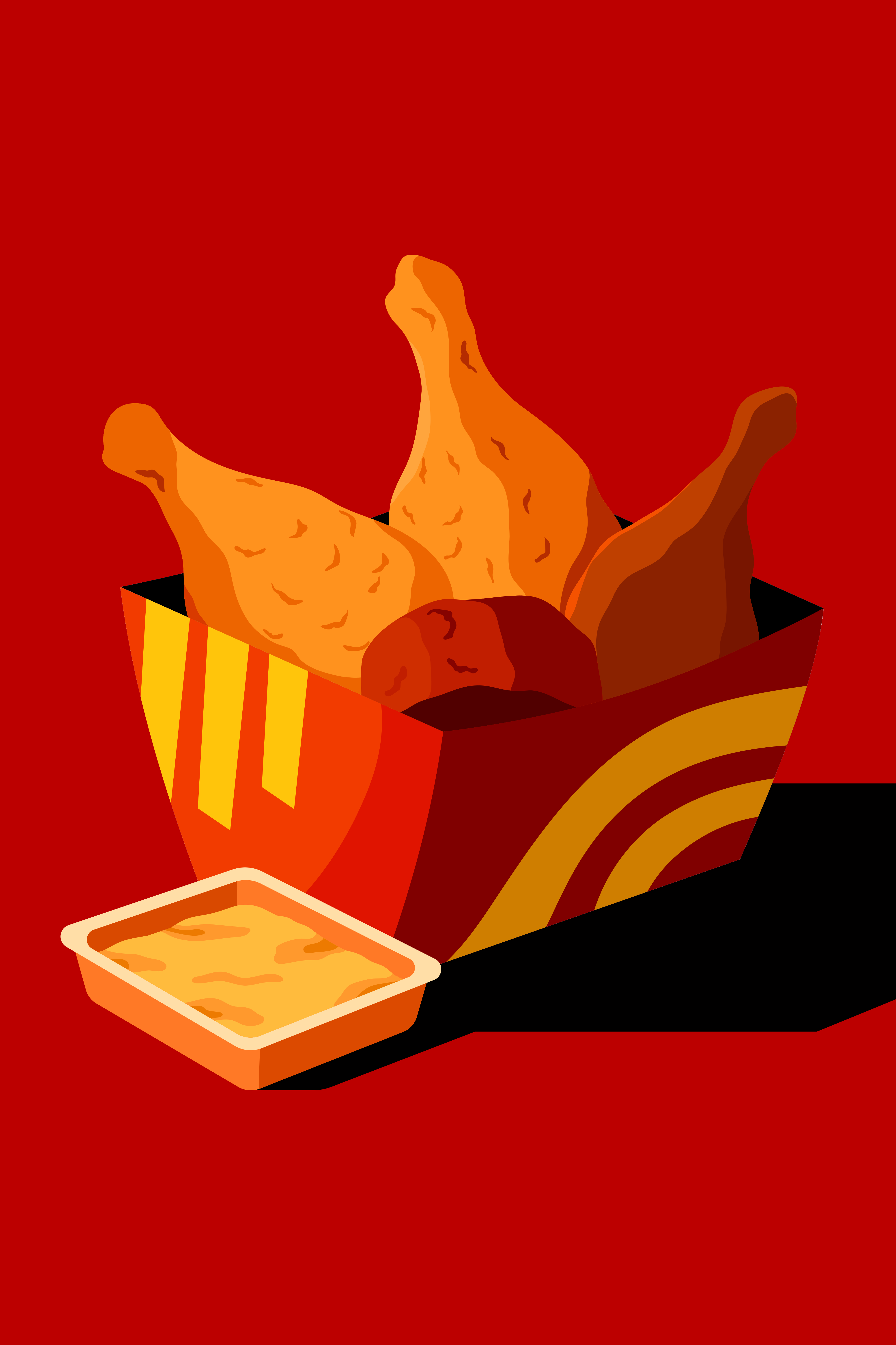 Pollo frito en una caja roja con salsa para mojar