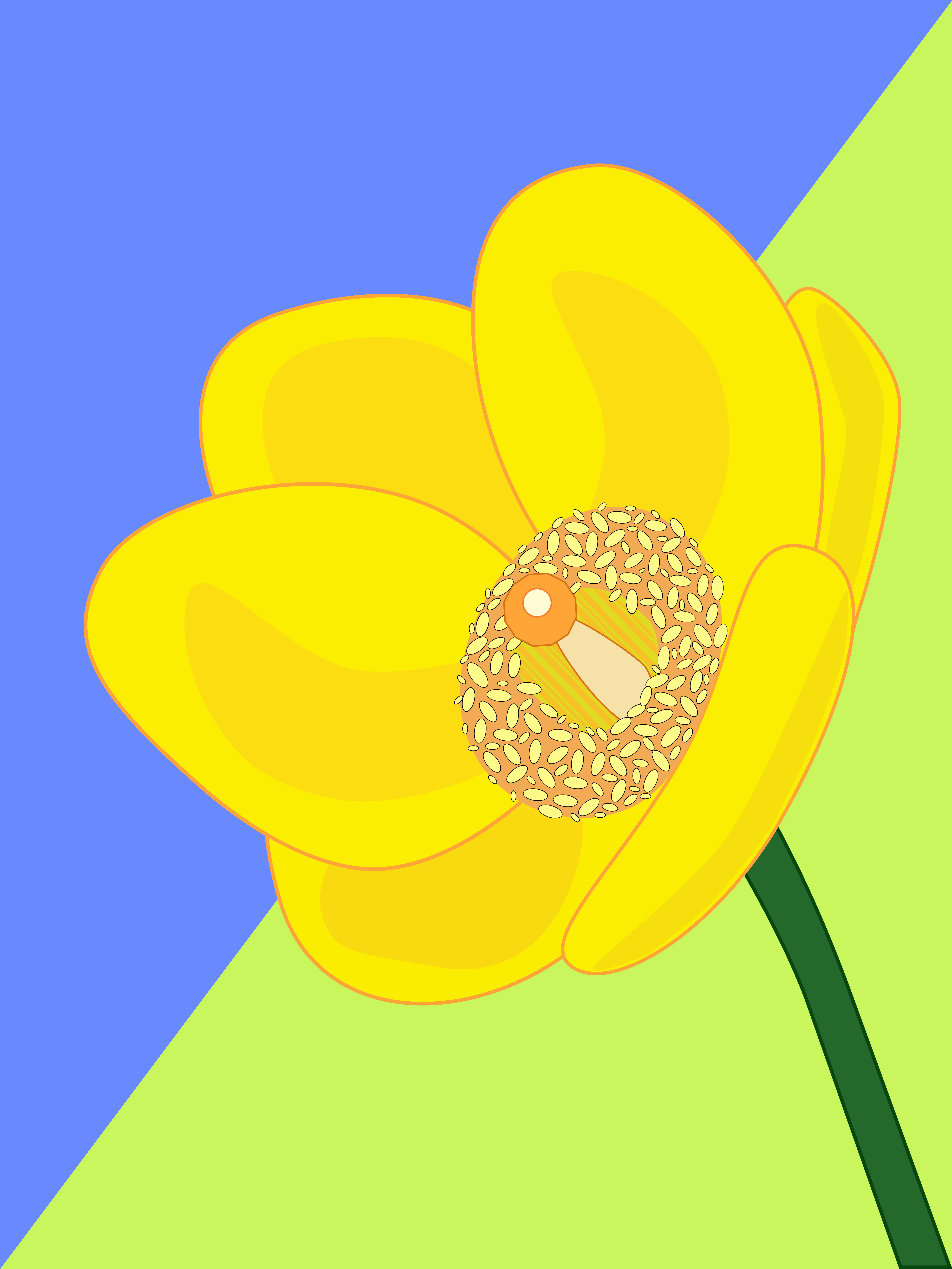 A bright yellow flower against a blue and green background.