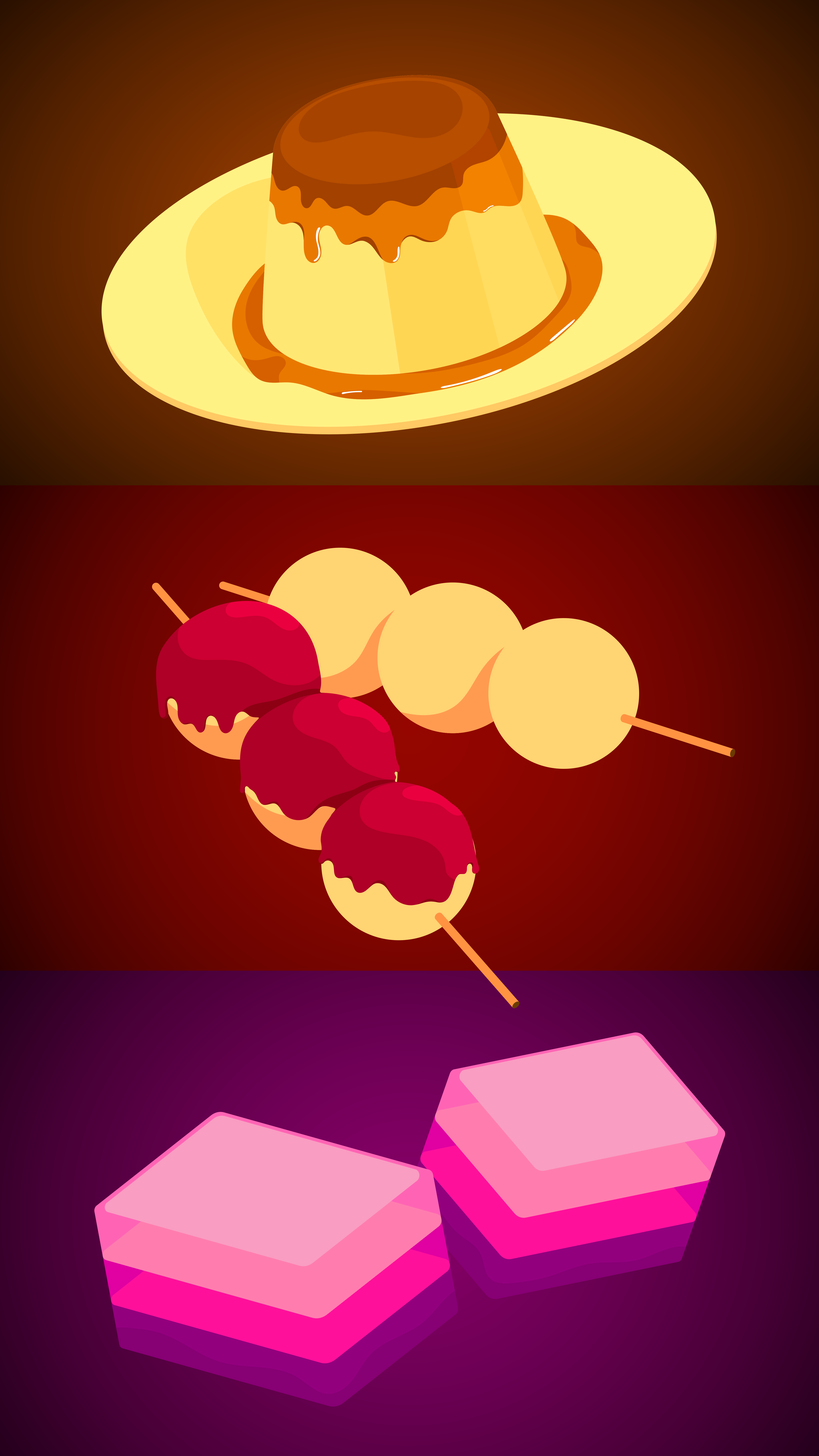 Desserts wie Pudding, Dango und Mochi.