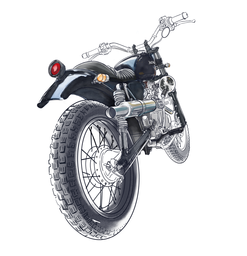 Rear view of a black motorcycle with spoked wheels