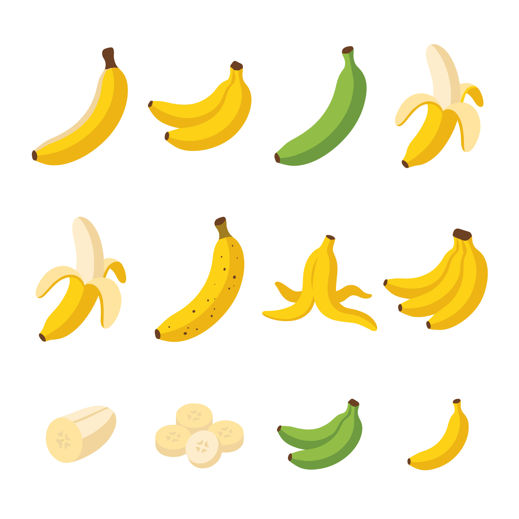 Collection of ripe and unripe bananas and peels