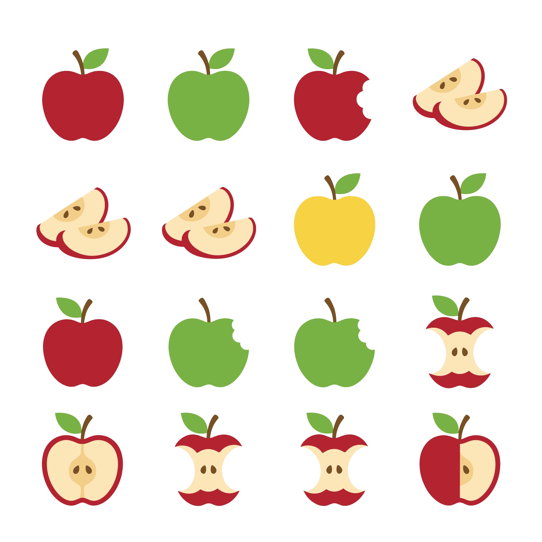 Collection of whole, sliced, and bitten apples.