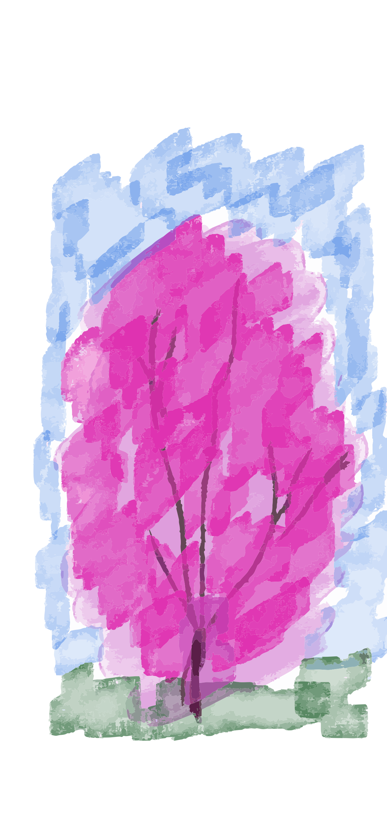 Un sapin rose stylisé avec un fond abstrait bleu et vert