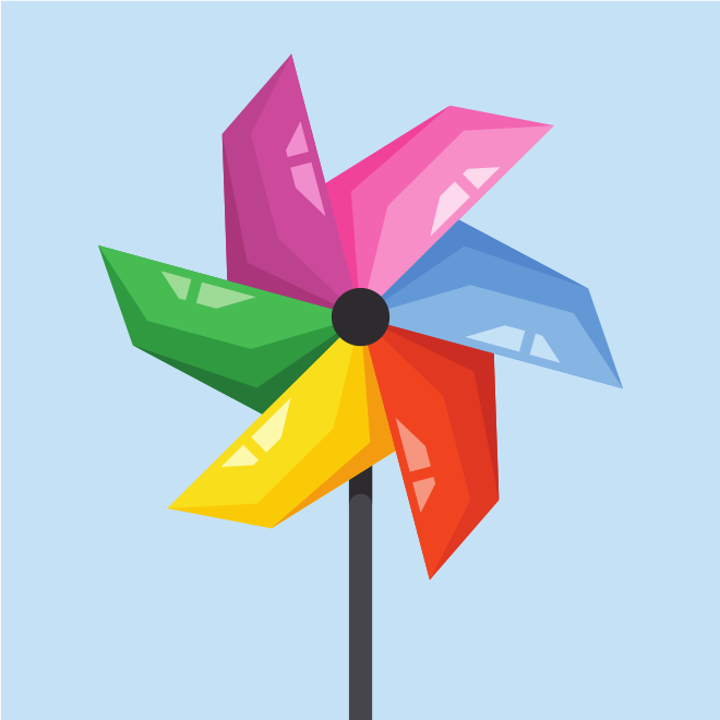 Un moulin à vent coloré tournant sur un fond bleu
