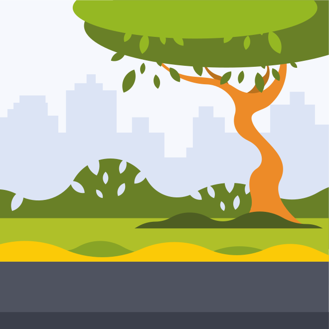 Stylized tree in a park with city skyline