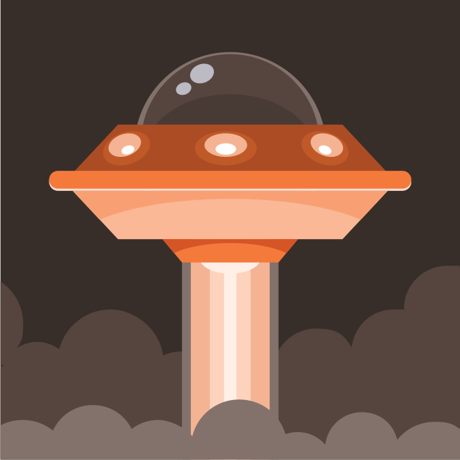 Orange ufo emitting a beam of light