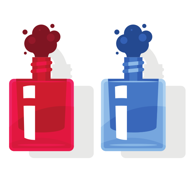 Two bottles of nail polish, red and blue