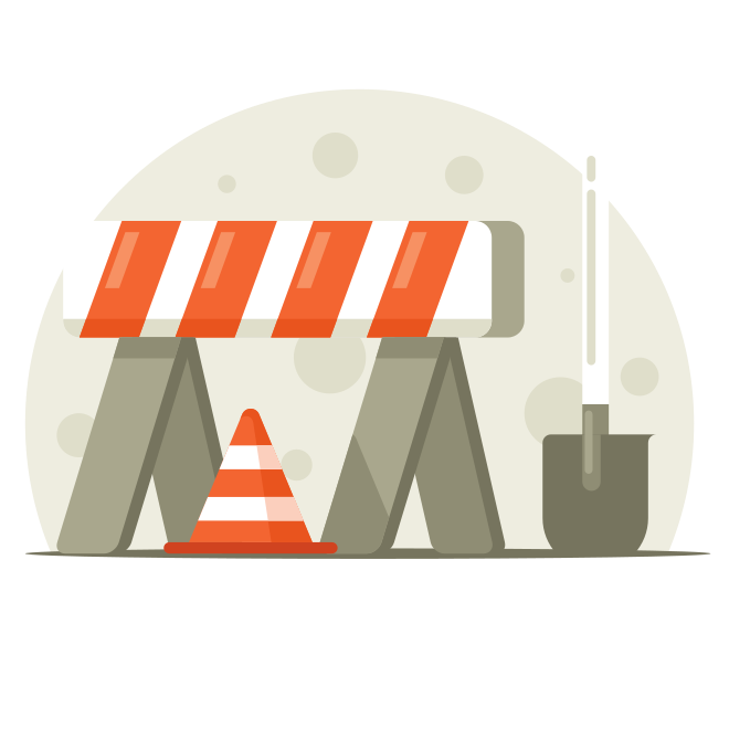 Construction barrier with traffic cone and shovel