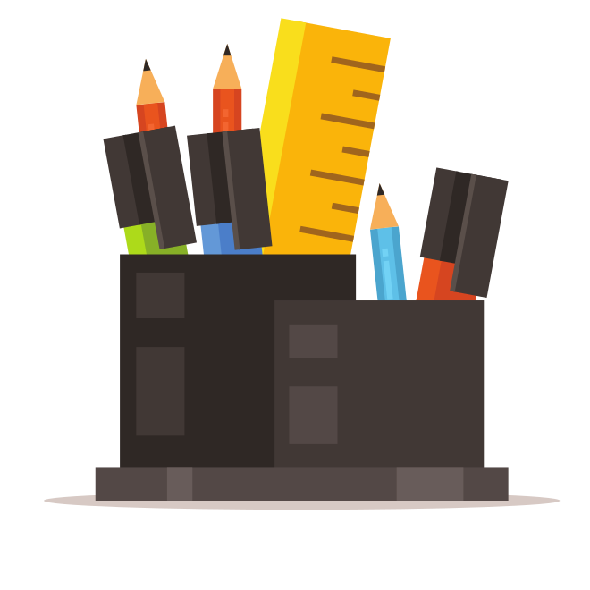 Un organiseur de bureau rempli de crayons et d’une règle.