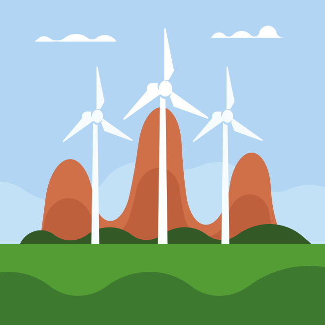 Trois éoliennes se dressent sur une colline herbeuse.